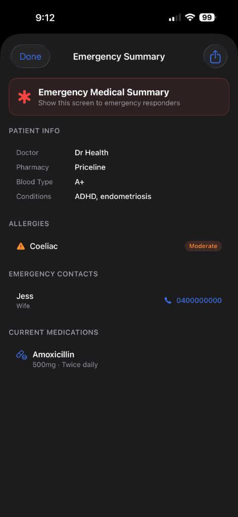 Emergency Summary Screenshot
